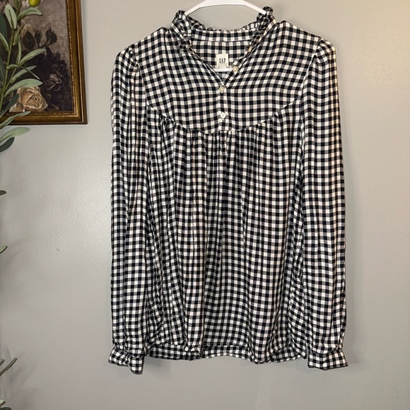 GAP Black & White Gingham Ruffle Neck Peasant Blouse XS Cottagecore - Picture 4 of 8